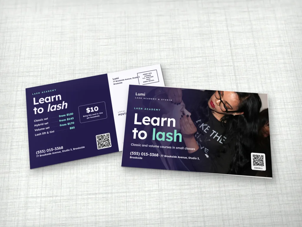 EDDM mailer template ED-08 for a lash and brow studio: Lumi, instructor demonstrating for course sign-ups