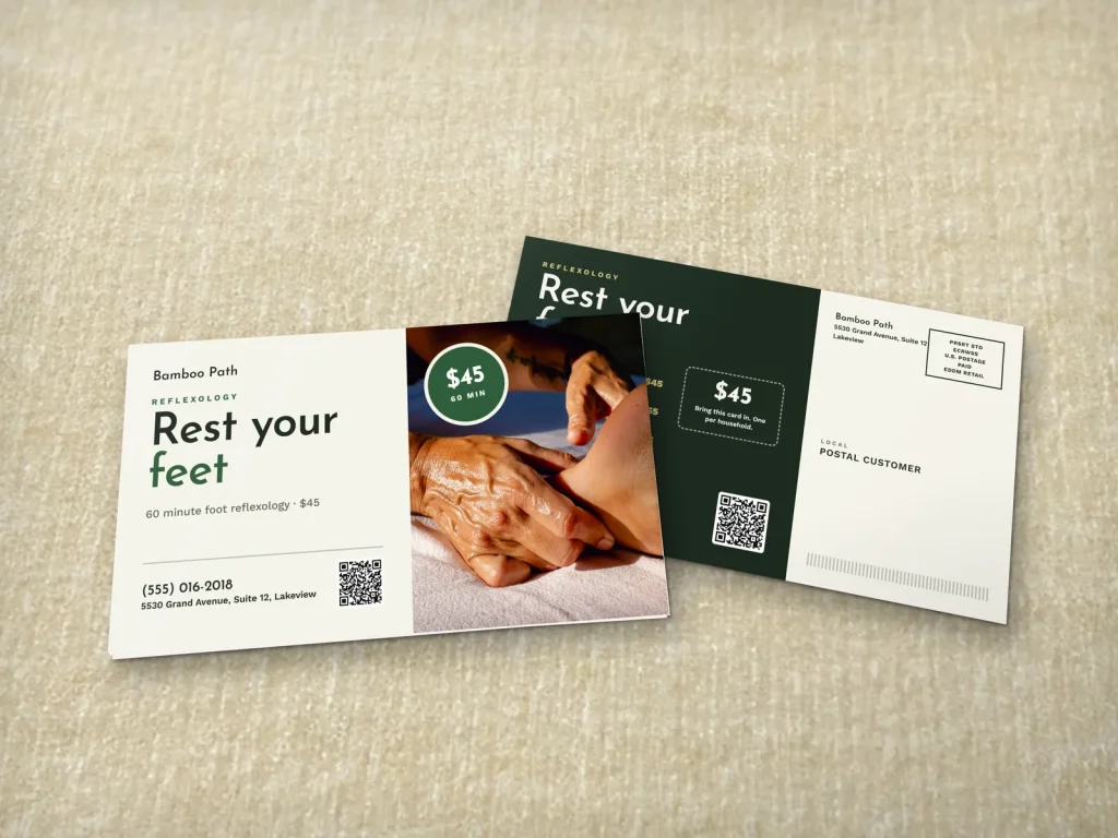 EDDM mailer template ED-09 for a spa: Bamboo Path, warm-light foot massage with the 60 minute price