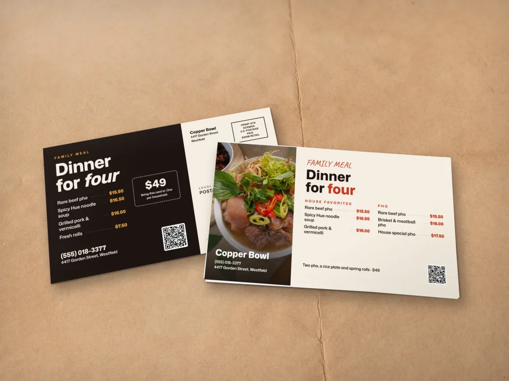 EDDM mailer template ED-10 for a restaurant: Copper Bowl, spicy beef noodle soup with a two-column menu