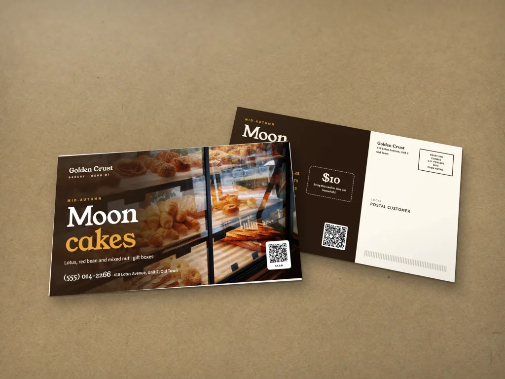 EDDM mailer template ED-11 for a bakery or café: Golden Crust, bakery case photo for mooncakes
