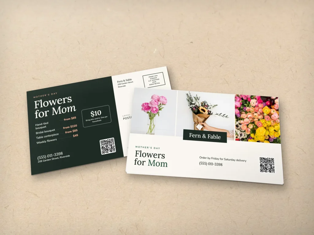 EDDM mailer template ED-12 for a shop: Fern & Fable, strip of three flower photos for Mother’s Day