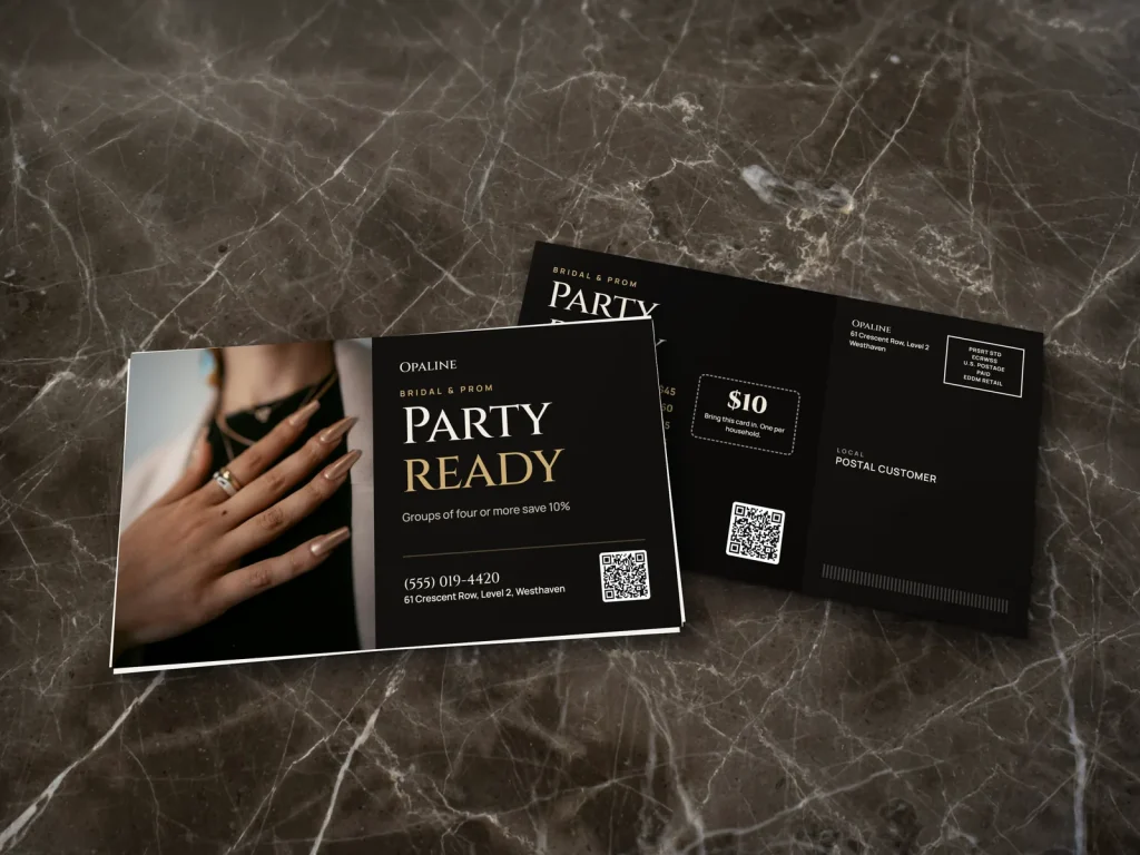 EDDM mailer template ED-13 for a nail salon: Opaline, nude nails with rings for bridal parties