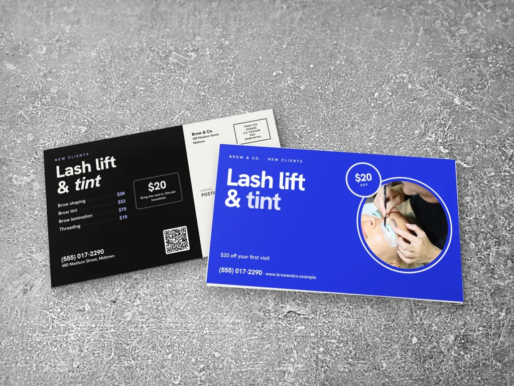 EDDM mailer template ED-14 for a lash and brow studio: Brow & Co., big blue type with a round lash lift photo