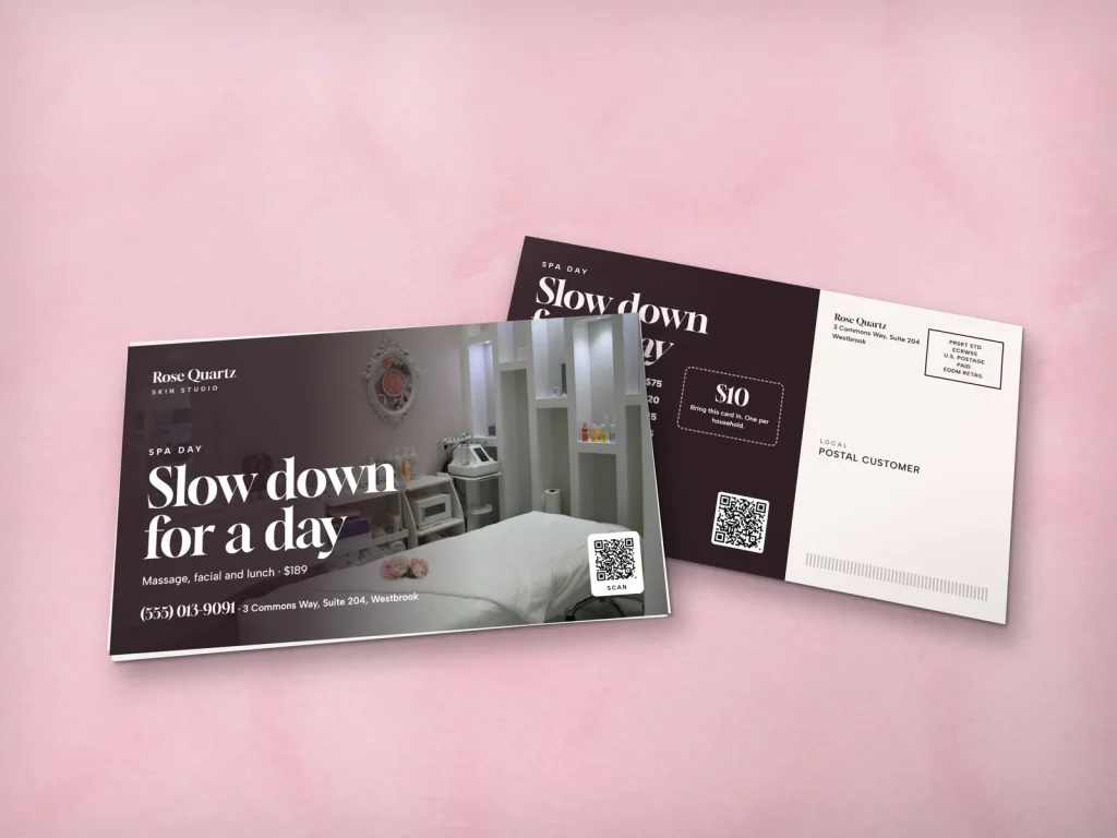 EDDM mailer template ED-15 for a spa: Rose Quartz, treatment room photo for a spa day