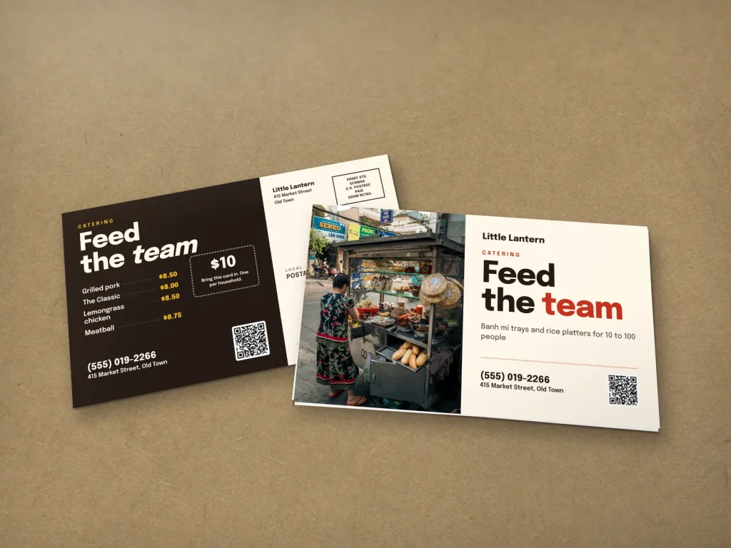 EDDM mailer template ED-16 for a restaurant: Little Lantern, banh mi cart photo for catering