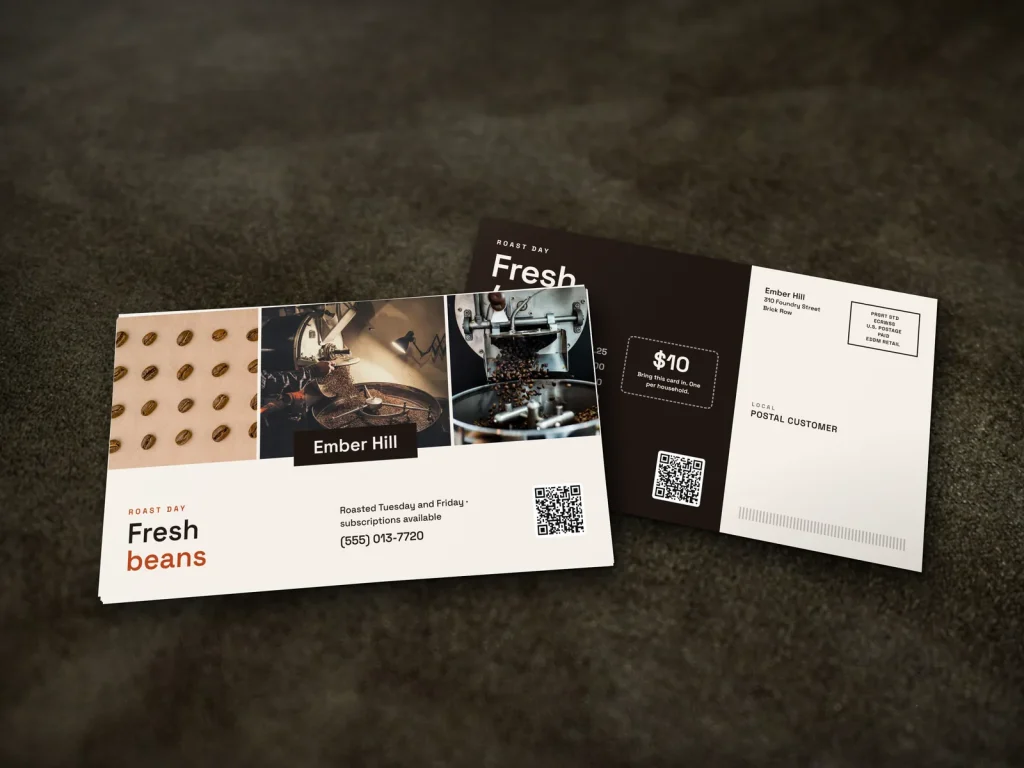 EDDM mailer template ED-17 for a bakery or café: Ember Hill, strip of three roasting photos