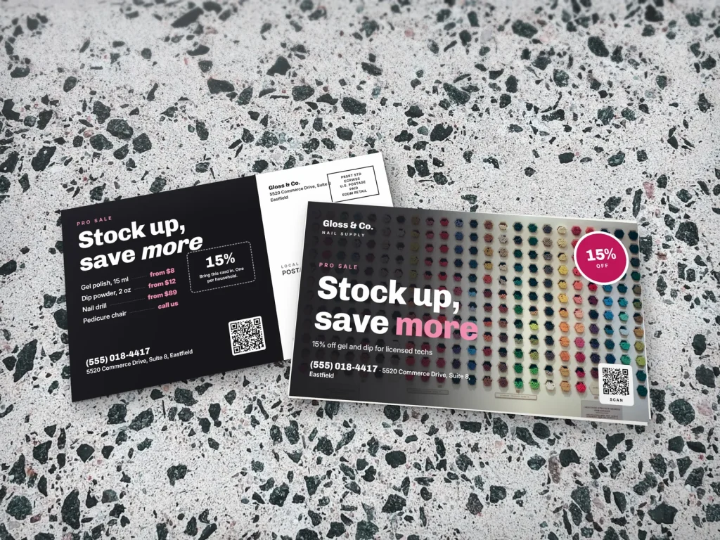 EDDM mailer template ED-18 for a shop: Gloss & Co., wall of color swatches for a pro sale
