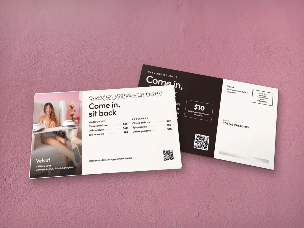 EDDM mailer template ED-19 for a nail salon: Velvet, pink pedicure chairs photo with prices
