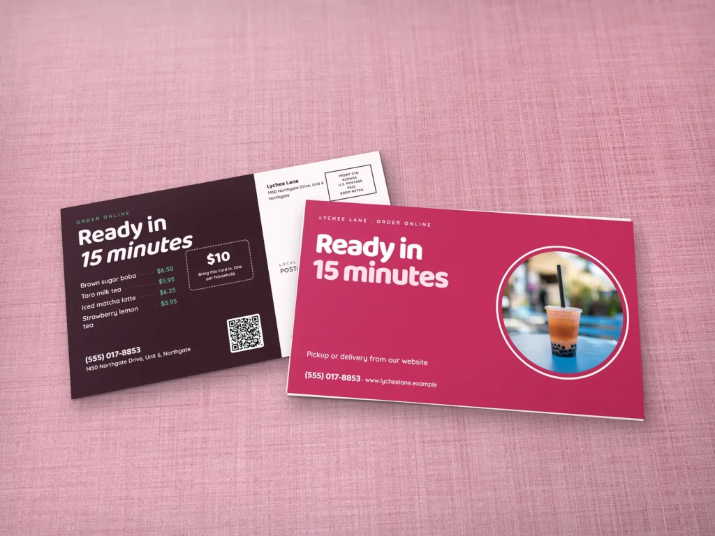 EDDM mailer template ED-20 for a restaurant: Lychee Lane, big lychee pink type with a Thai tea photo