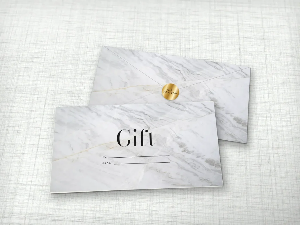 Ready-made envelope design ER-03: White marble, white marble, black serif with gold