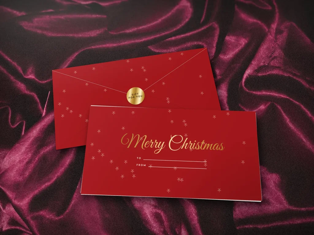 Ready-made envelope design ER-04: Christmas red, christmas red with snowflakes and gold script