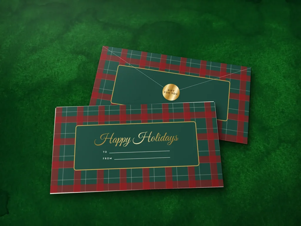 Ready-made envelope design ER-05: Holiday plaid, red and green plaid with a gold-rimmed label