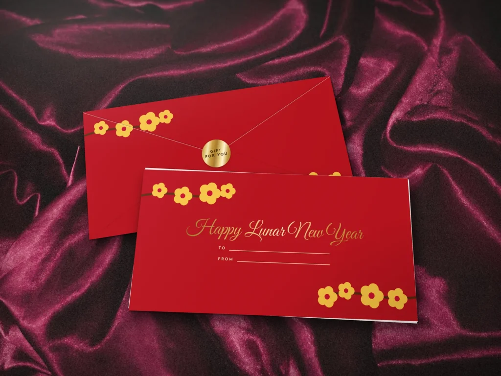 Ready-made envelope design ER-06: Lunar New Year blossoms, lunar New Year red with yellow apricot blossoms