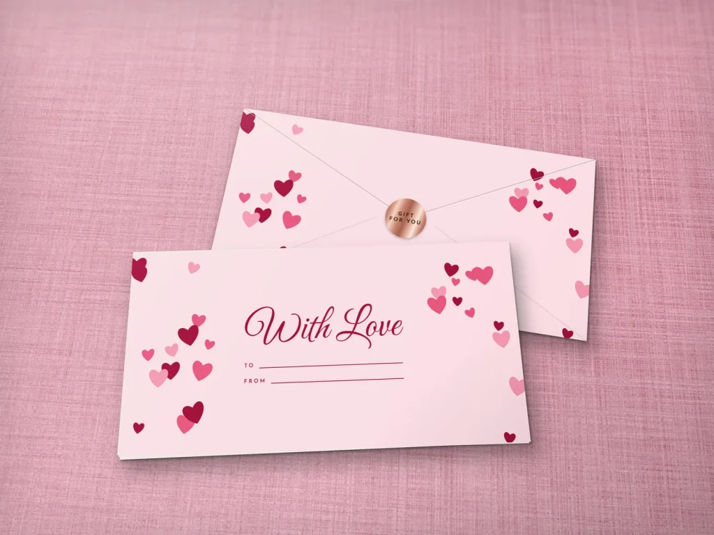Ready-made envelope design ER-07: Valentine hearts, pink with scattered hearts and red script