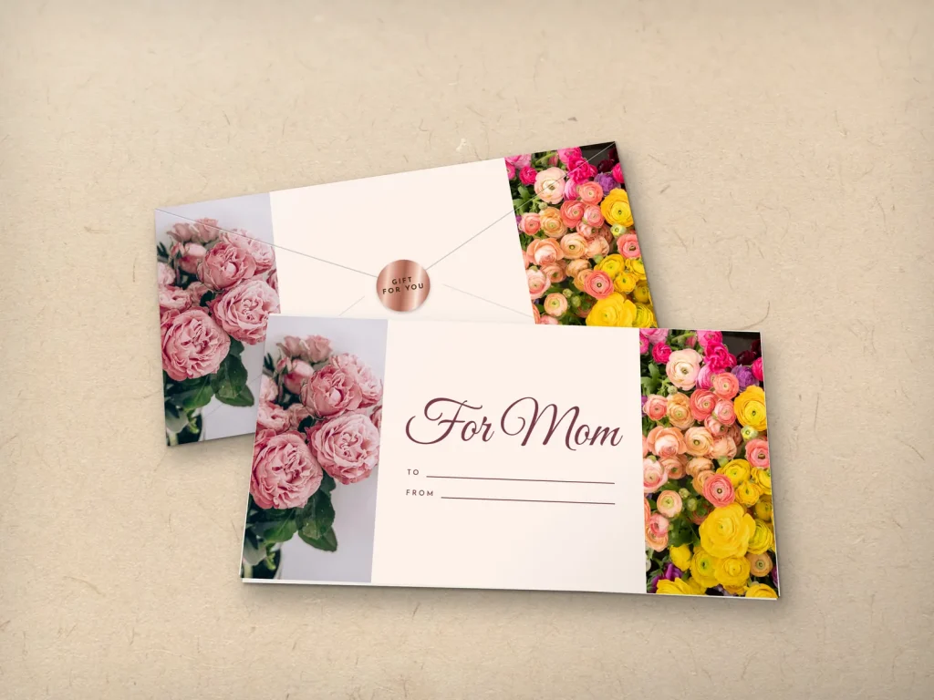 Ready-made envelope design ER-08: Mother’s Day florals, cream with roses and ranunculus on both sides