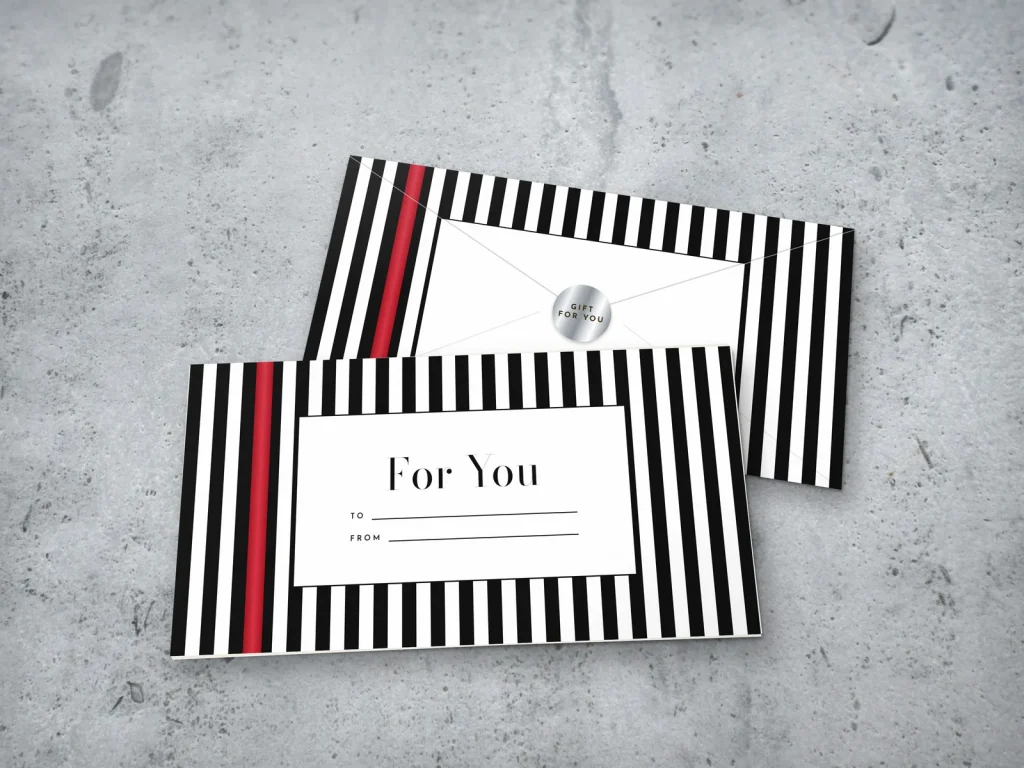 Ready-made envelope design ER-15: Stripes and a red bow, black and white stripes with a red ribbon down the side