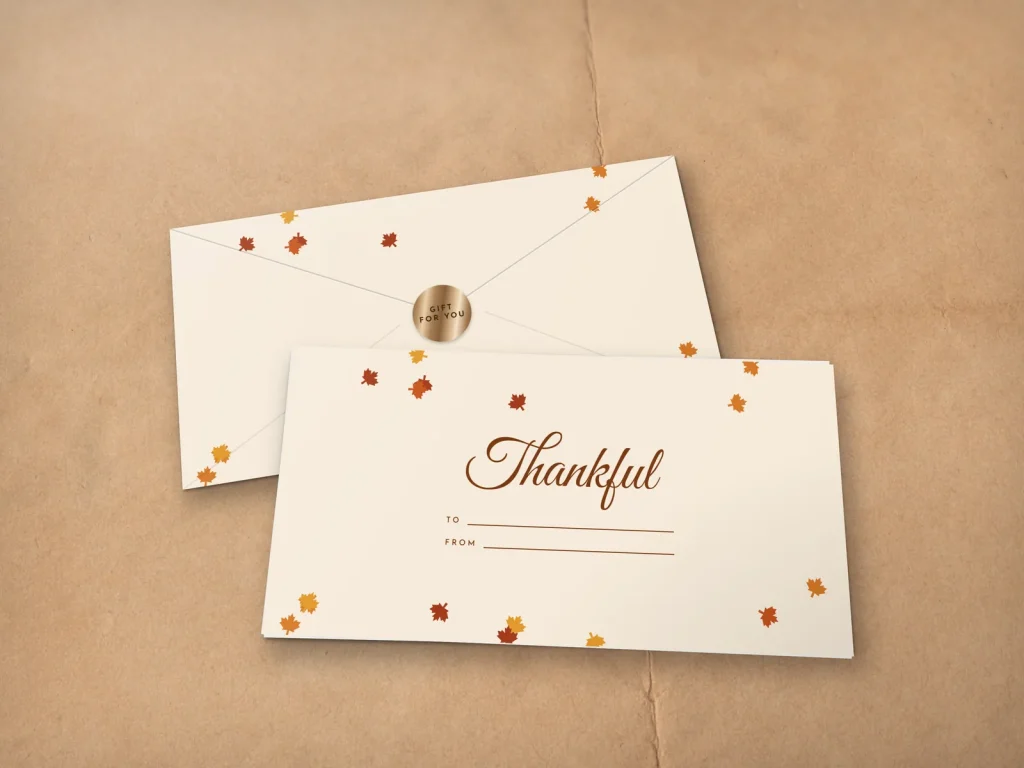 Ready-made envelope design ER-18: Fall leaves, cream with orange and red fall leaves