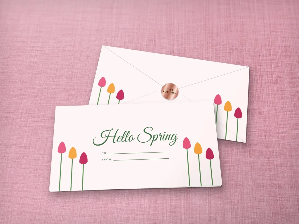 Ready-made envelope design ER-19: Spring tulips, pale pink with tulips on both sides