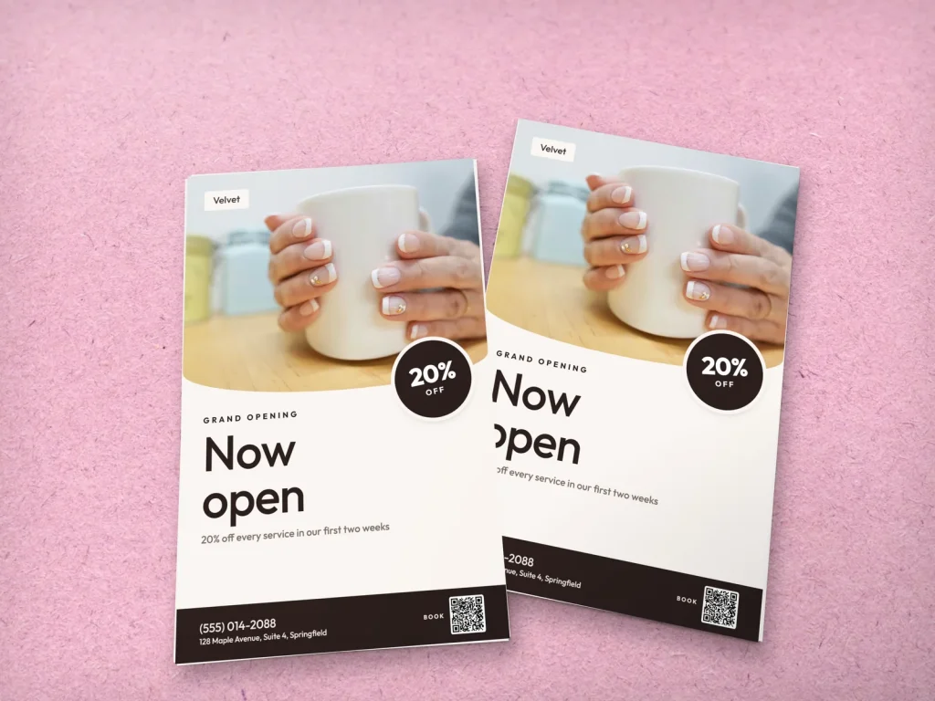 Mẫu flyer tiêu chuẩn FL-01 cho tiệm nail: Velvet, grand opening, ảnh móng đầu vàng, nhãn giảm 20%