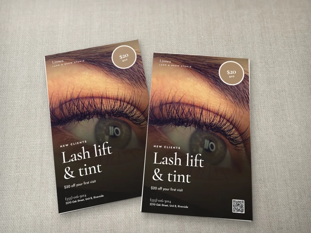 Mẫu flyer tiêu chuẩn FL-02 cho tiệm lash và PMU: Linnea, ảnh mi toàn trang, ưu đãi khách mới