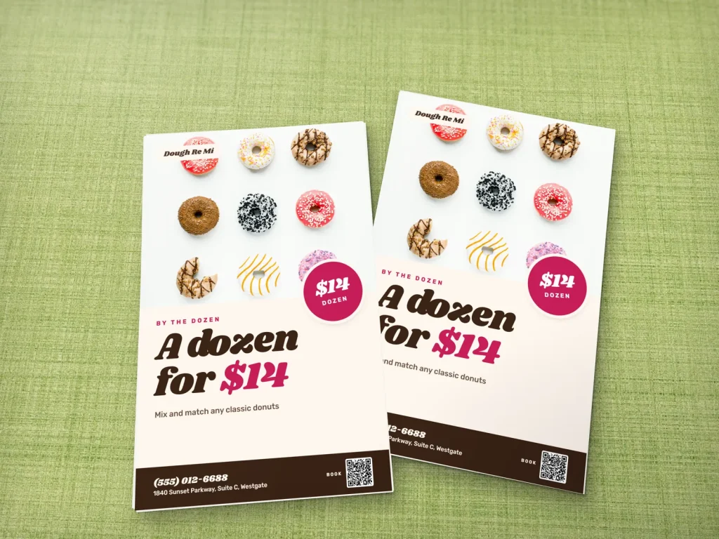 Mẫu flyer tiêu chuẩn FL-11 cho tiệm bánh và café: Dough Re Mi, ảnh chín chiếc donut, nhãn giá một tá