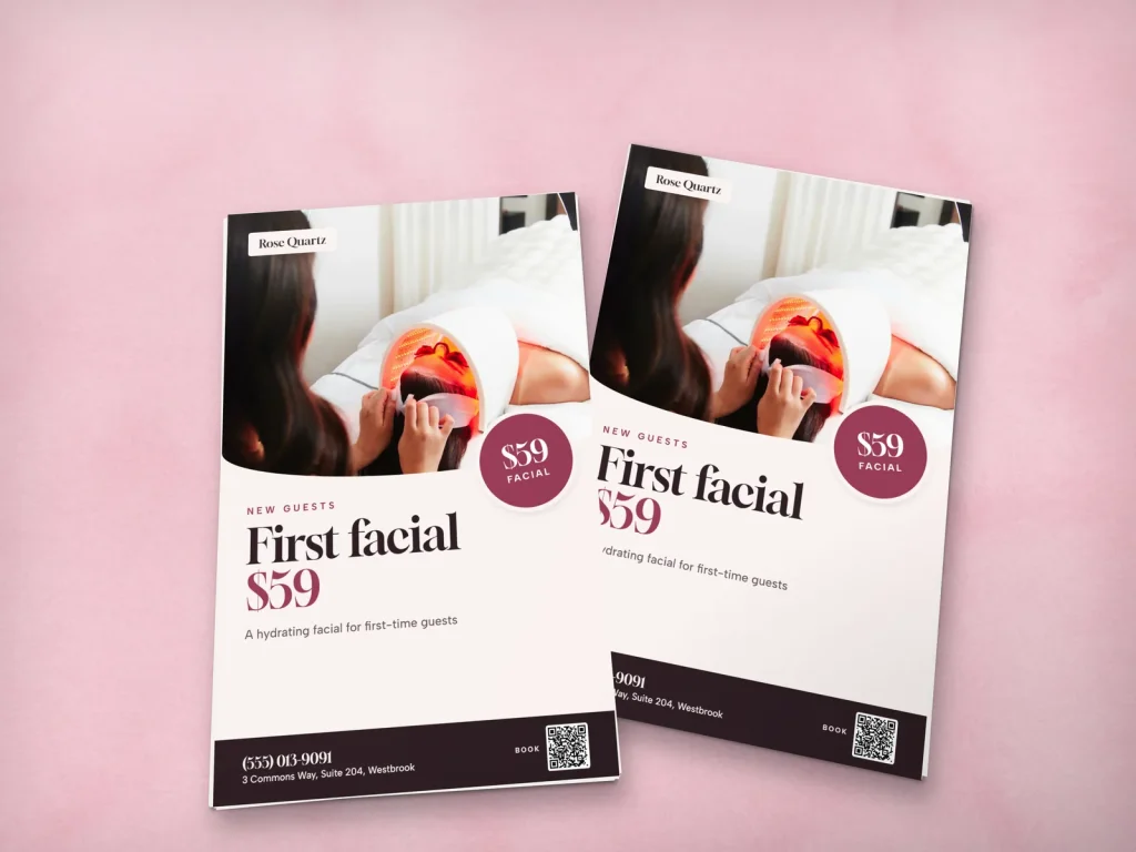 Mẫu flyer tiêu chuẩn FL-15 cho spa: Rose Quartz, ảnh chăm sóc da bằng đèn LED, giá facial lần đầu