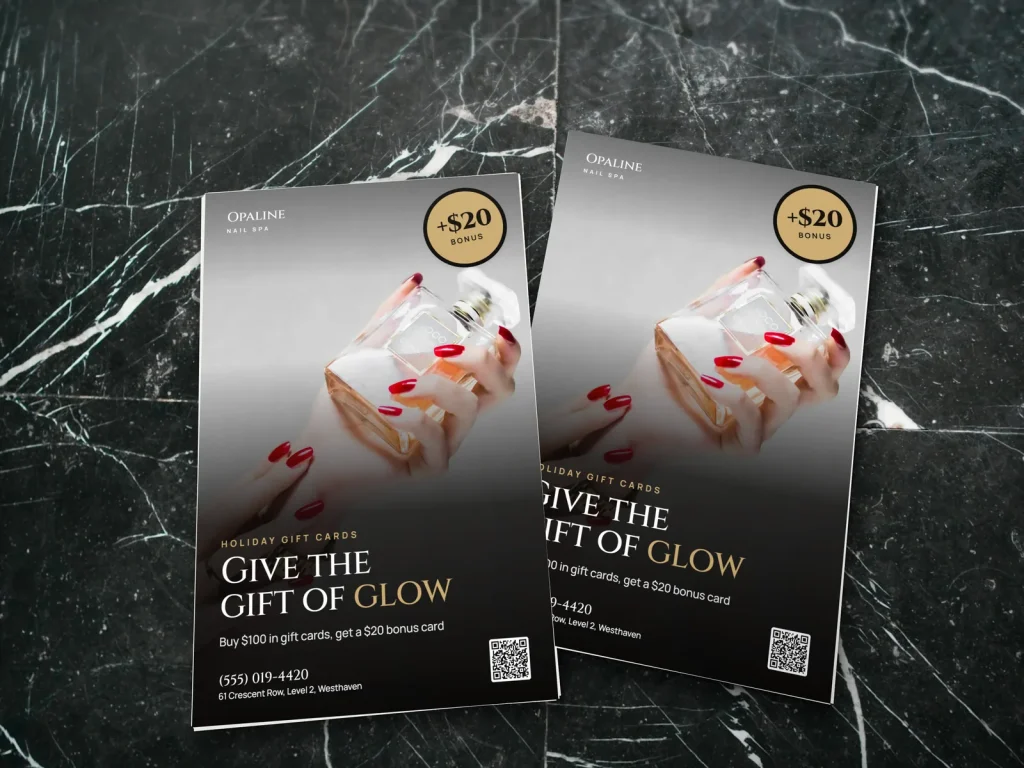 Mẫu flyer tiêu chuẩn FL-19 cho tiệm nail: Opaline, ảnh móng đỏ và chai nước hoa, gift card mùa lễ