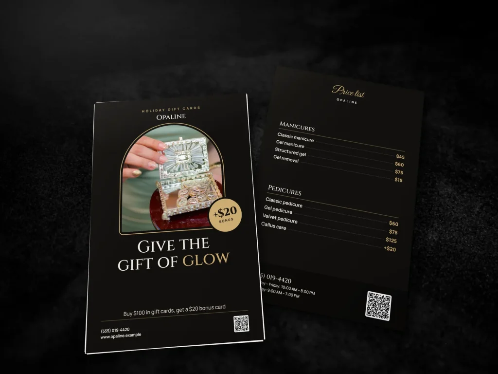 Premium flyer template FP-01 for a nail salon: Opaline, nude manicure with a jewelry box in an arch