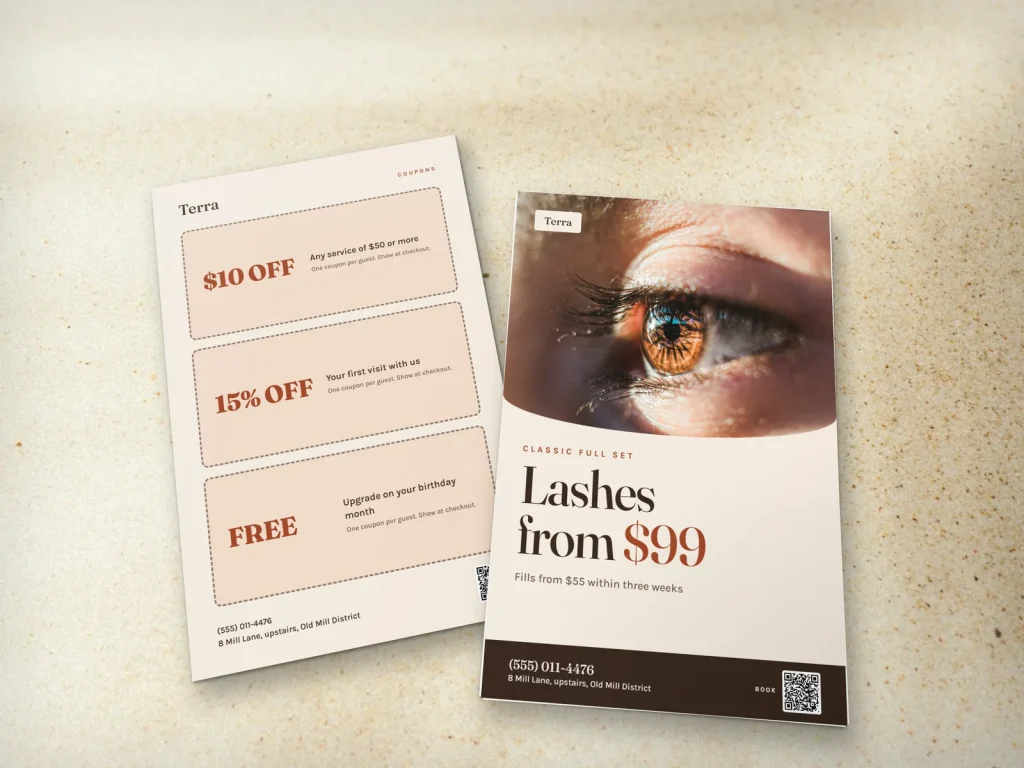Premium flyer template FP-02 for a lash and brow studio: Terra, golden-light lash photo with the full set price
