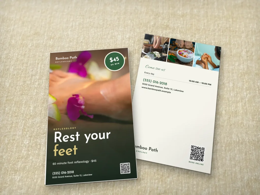 Premium flyer template FP-03 for a spa: Bamboo Path, full-page foot bath with orchids