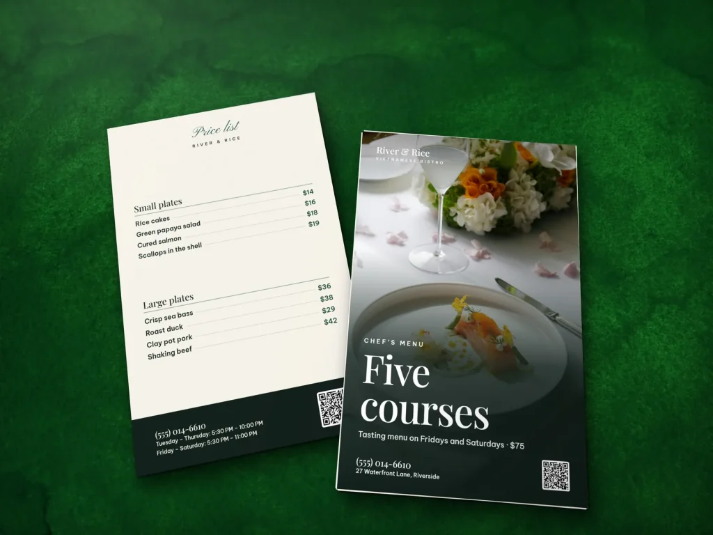 Premium flyer template FP-04 for a restaurant: River & Rice, cured salmon photo for a five-course tasting menu