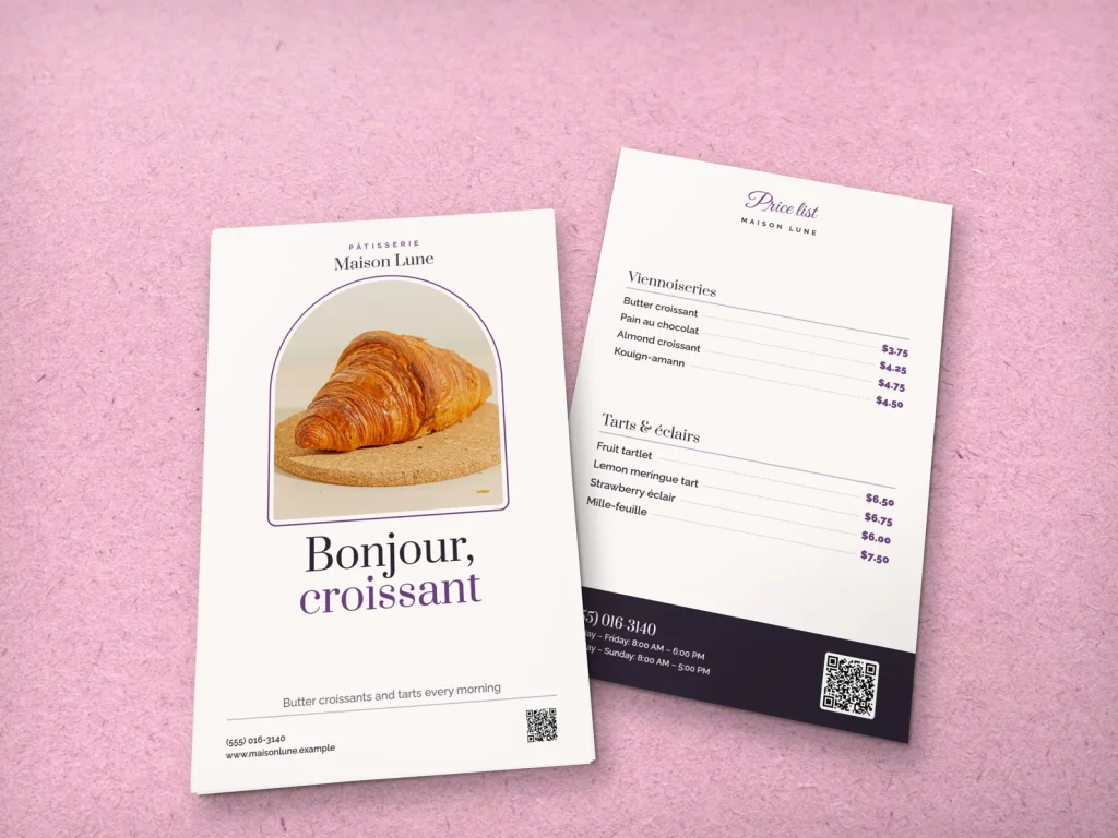 Premium flyer template FP-05 for a bakery or café: Maison Lune, croissant in an arch on plum
