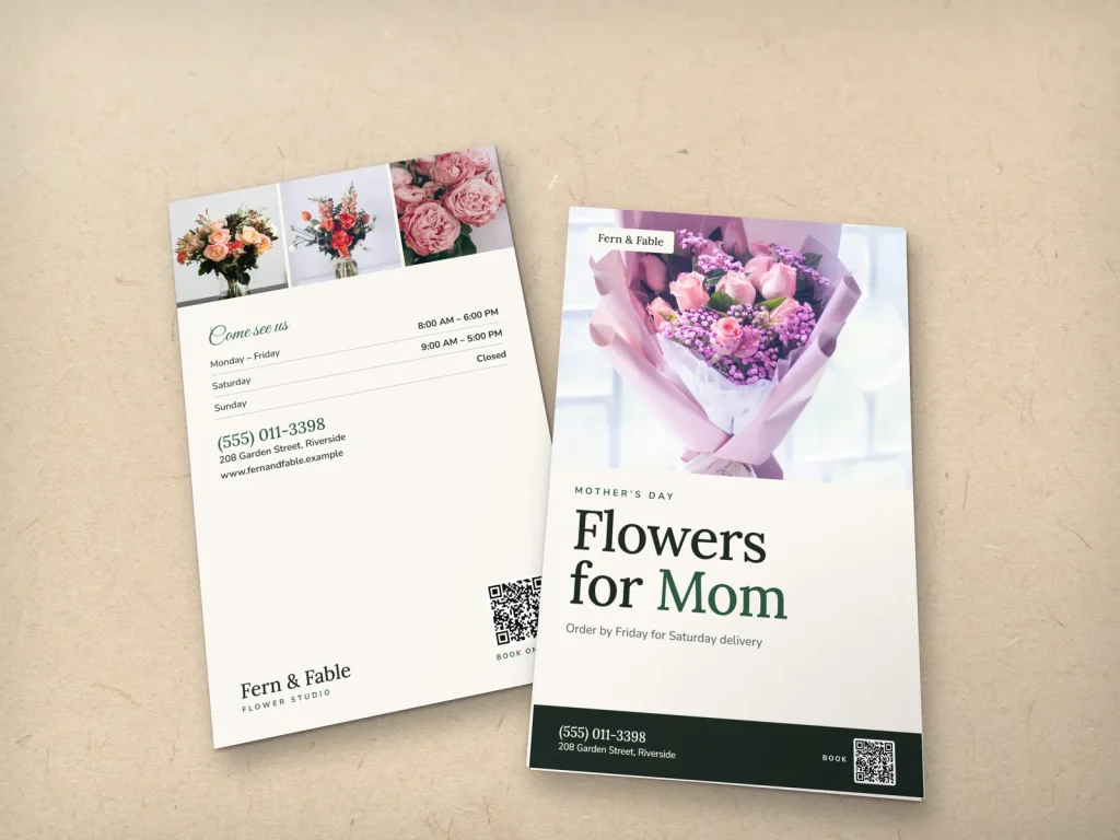 Premium flyer template FP-06 for a shop: Fern & Fable, lilac bouquet photo for Mother’s Day orders