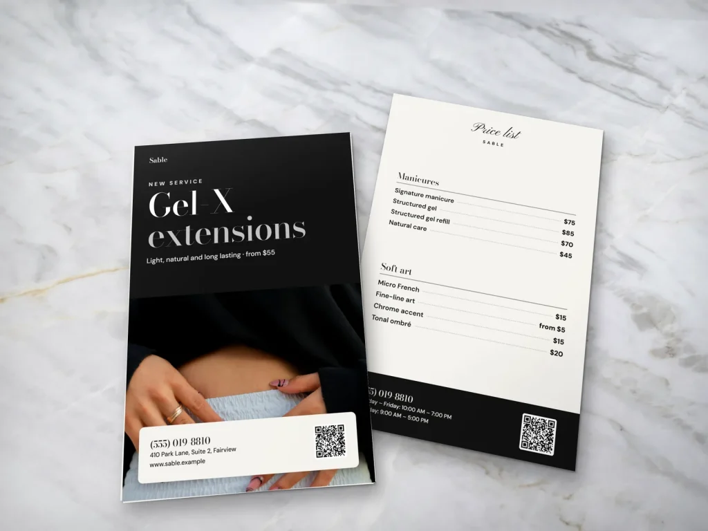 Premium flyer template FP-07 for a nail salon: Sable, black top half with a fine-line nail art photo