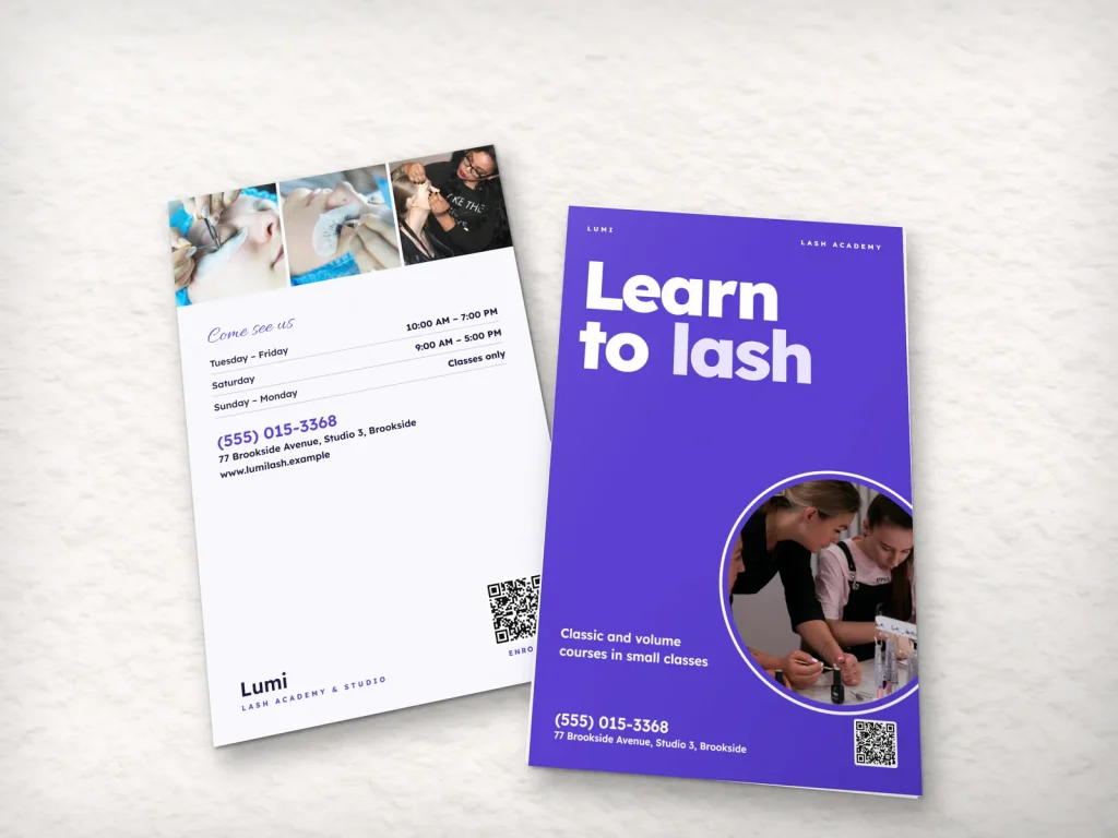 Premium flyer template FP-08 for a lash and brow studio: Lumi, big violet type with a lash class photo