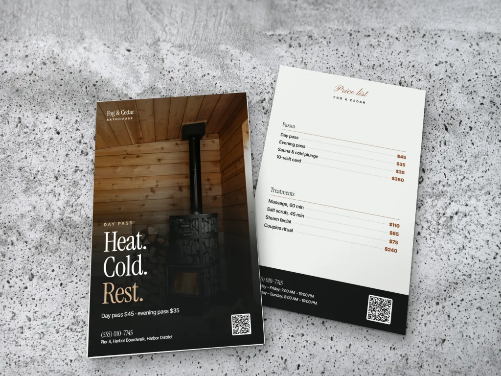Premium flyer template FP-09 for a spa: Fog & Cedar, wood sauna with a forest view, day passes