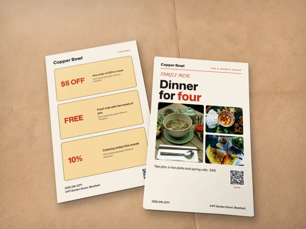 Premium flyer template FP-10 for a restaurant: Copper Bowl, three dish photos for a family dinner deal