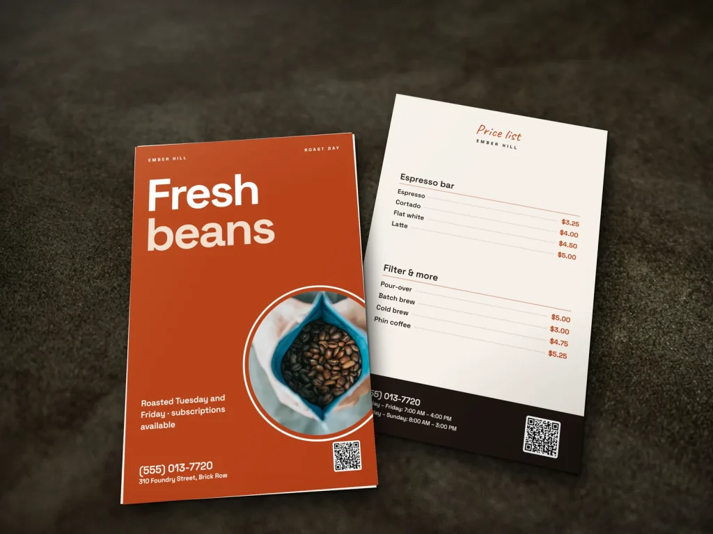 Premium flyer template FP-11 for a bakery or café: Ember Hill, big orange type with a coffee bag photo