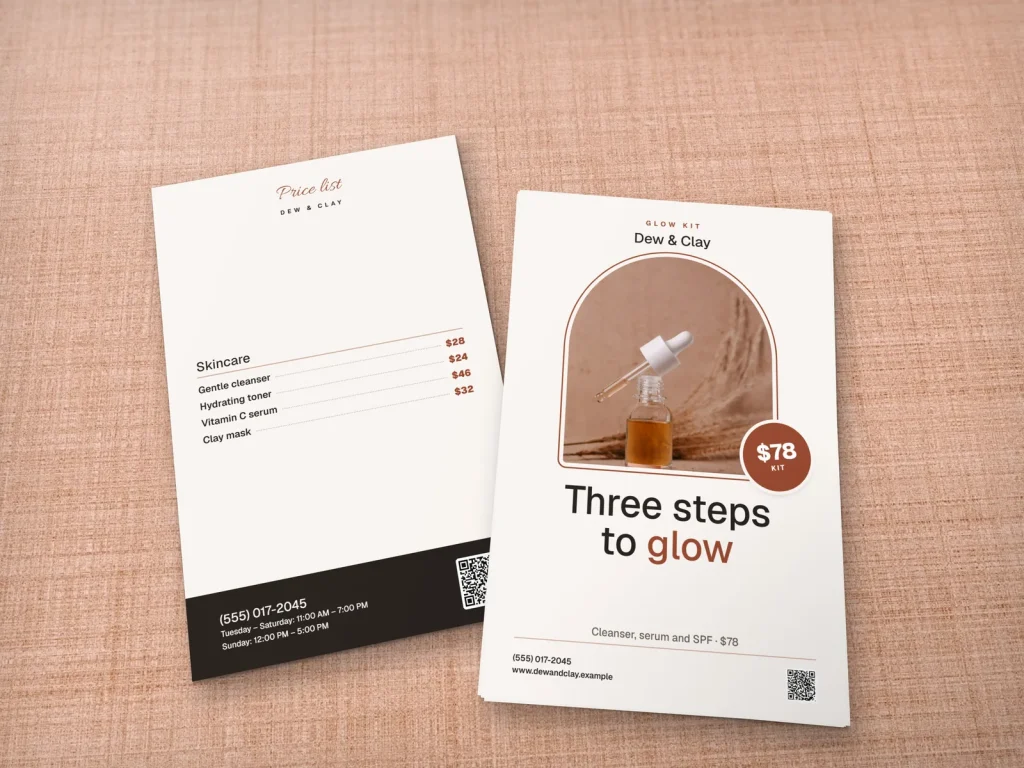 Premium flyer template FP-12 for a shop: Dew & Clay, serum dropper on clay in an arch
