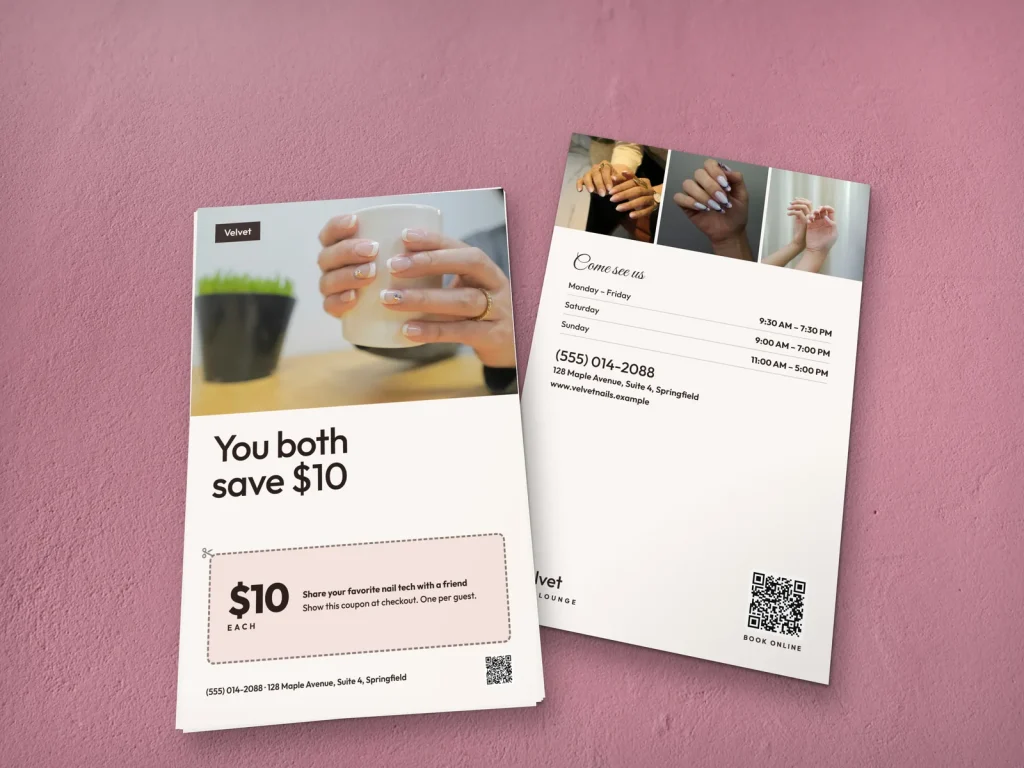 Premium flyer template FP-13 for a nail salon: Velvet, french tips with a mug and a refer-a-friend coupon