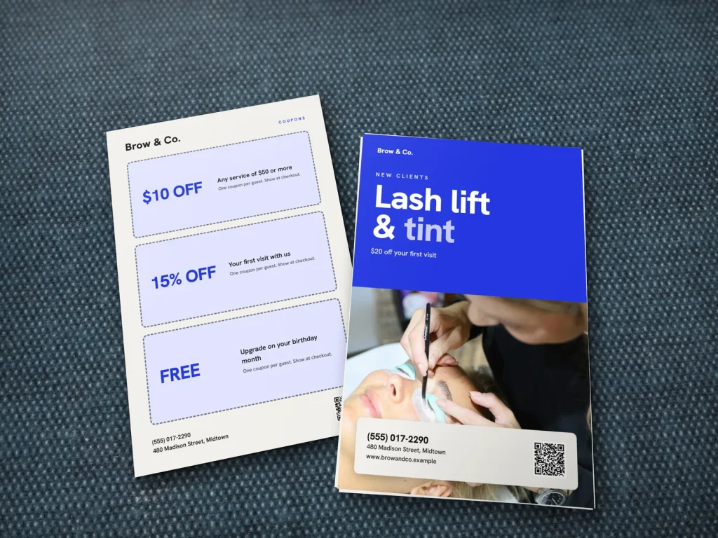 Premium flyer template FP-14 for a lash and brow studio: Brow & Co., electric blue top with a lash lift photo