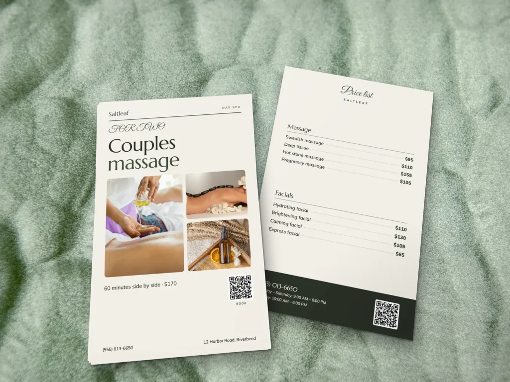 Premium flyer template FP-15 for a spa: Saltleaf, three spa photos for a couples massage