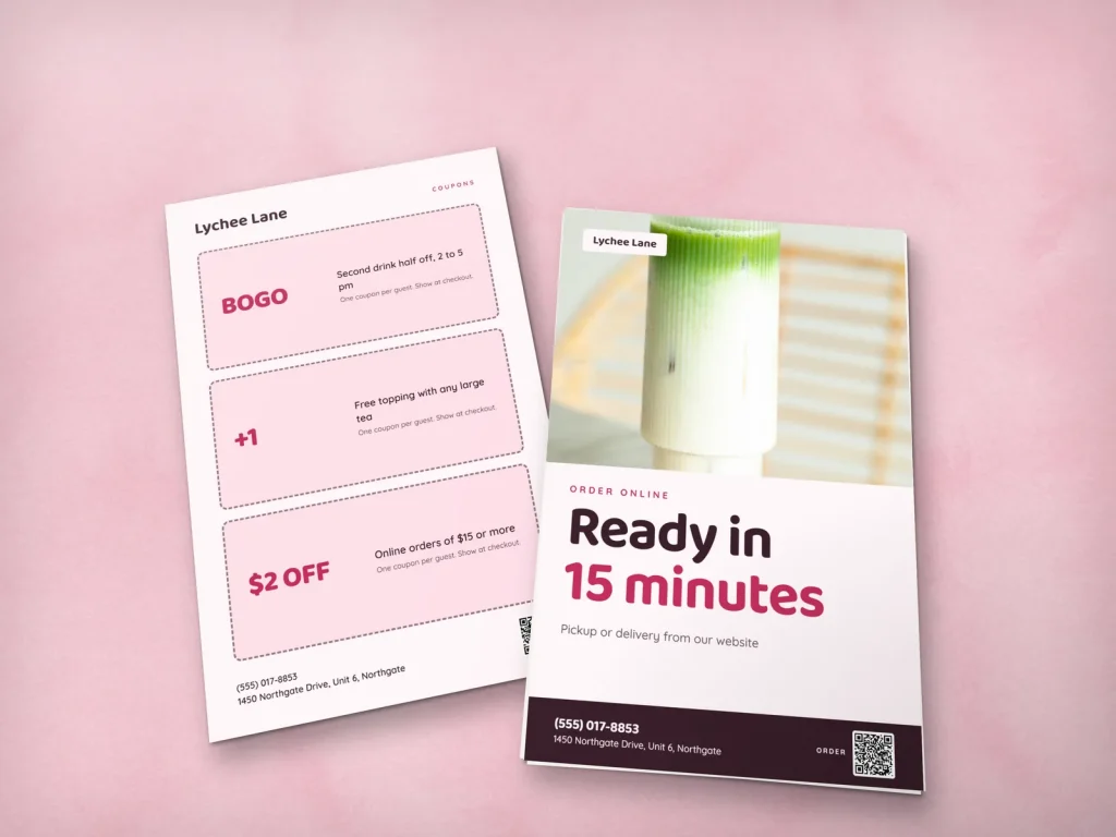 Premium flyer template FP-16 for a restaurant: Lychee Lane, iced matcha latte photo for online orders