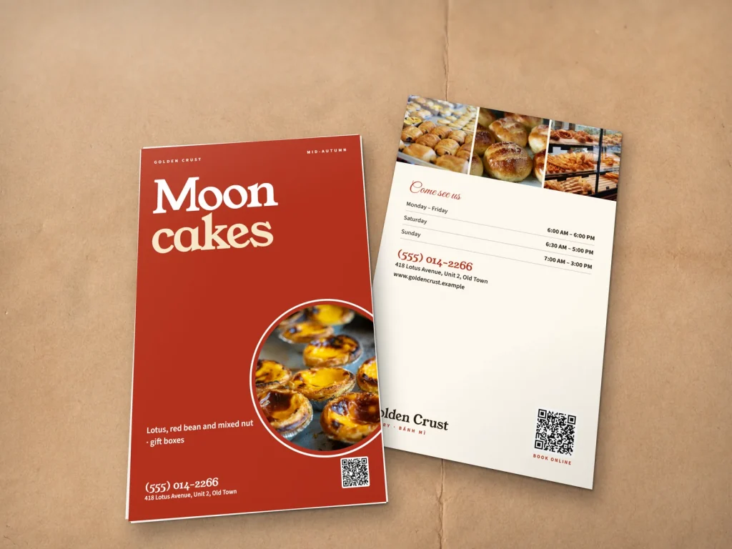 Premium flyer template FP-17 for a bakery or café: Golden Crust, big brick red type for mooncakes