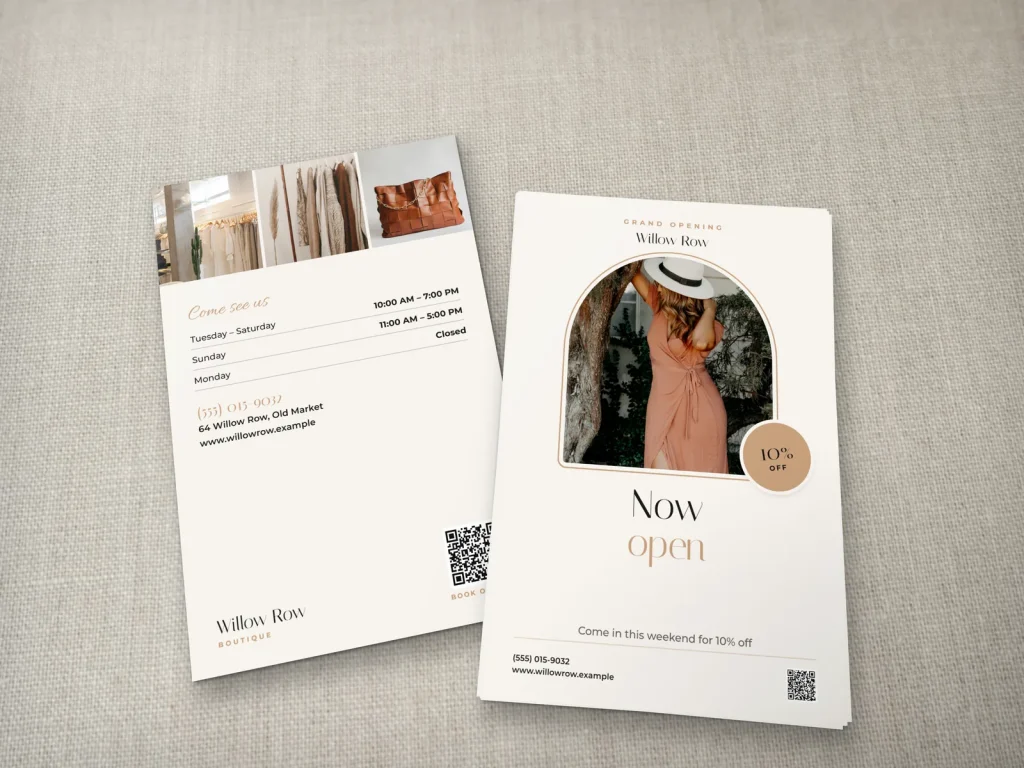 Premium flyer template FP-18 for a shop: Willow Row, terracotta dress in an arch for a grand opening
