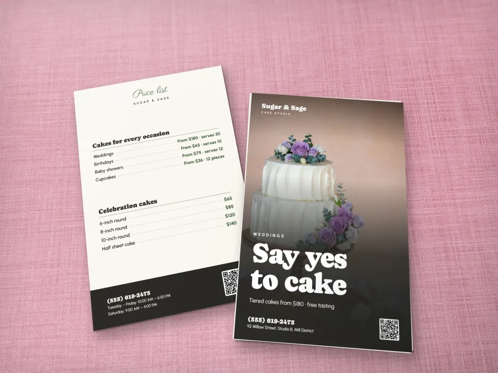 Premium flyer template FP-20 for a bakery or café: Sugar & Sage, full-page buttercream wedding cake