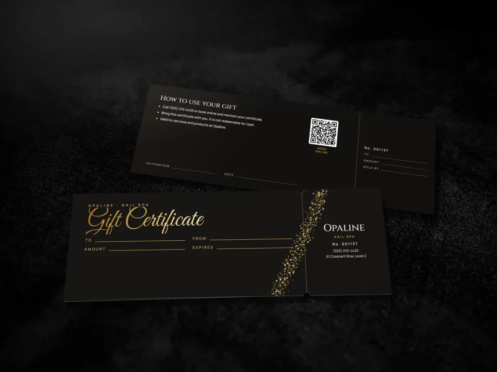 Mẫu gift certificate GC-01 cho tiệm nail: Opaline, nền đen kim tuyến vàng, chữ viết tay ép kim