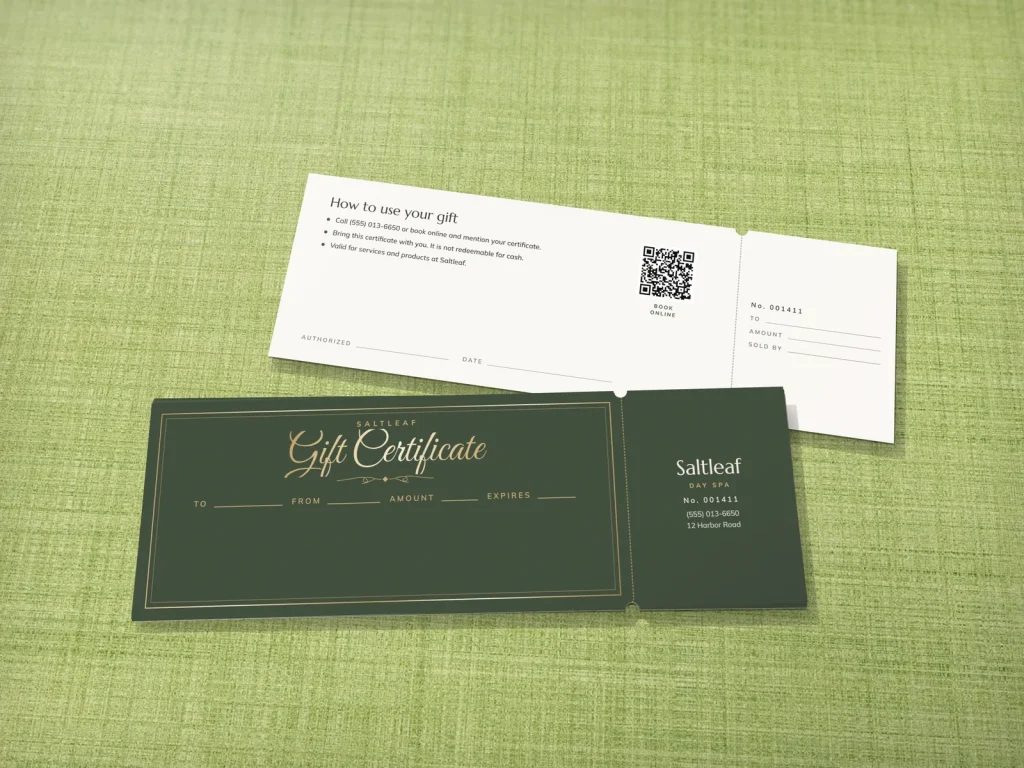 Mẫu gift certificate GC-03 cho spa: Saltleaf, xanh xô thơm, khung viền vàng nhạt