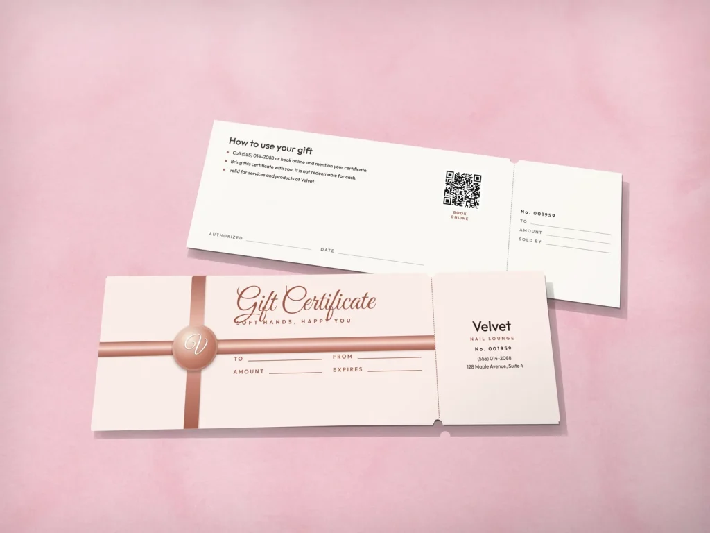 Mẫu gift certificate GC-07 cho tiệm nail: Velvet, hồng phấn, ruy băng rose gold