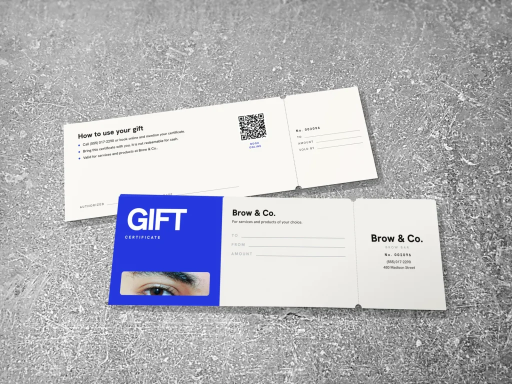 Mẫu gift certificate GC-08 cho tiệm lash và PMU: Brow & Co., mảng xanh dương, chữ GIFT lớn